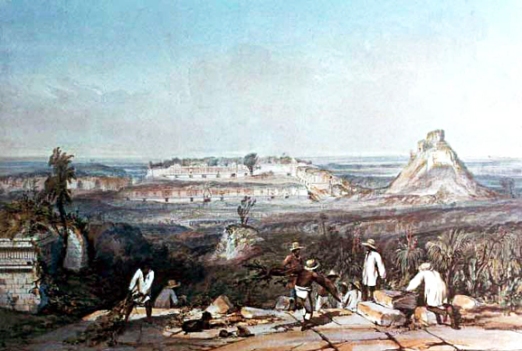 Panorama by Frederick Catherwood of the Nunnery Quarangle and Adivino Pyramid. ca 1840.